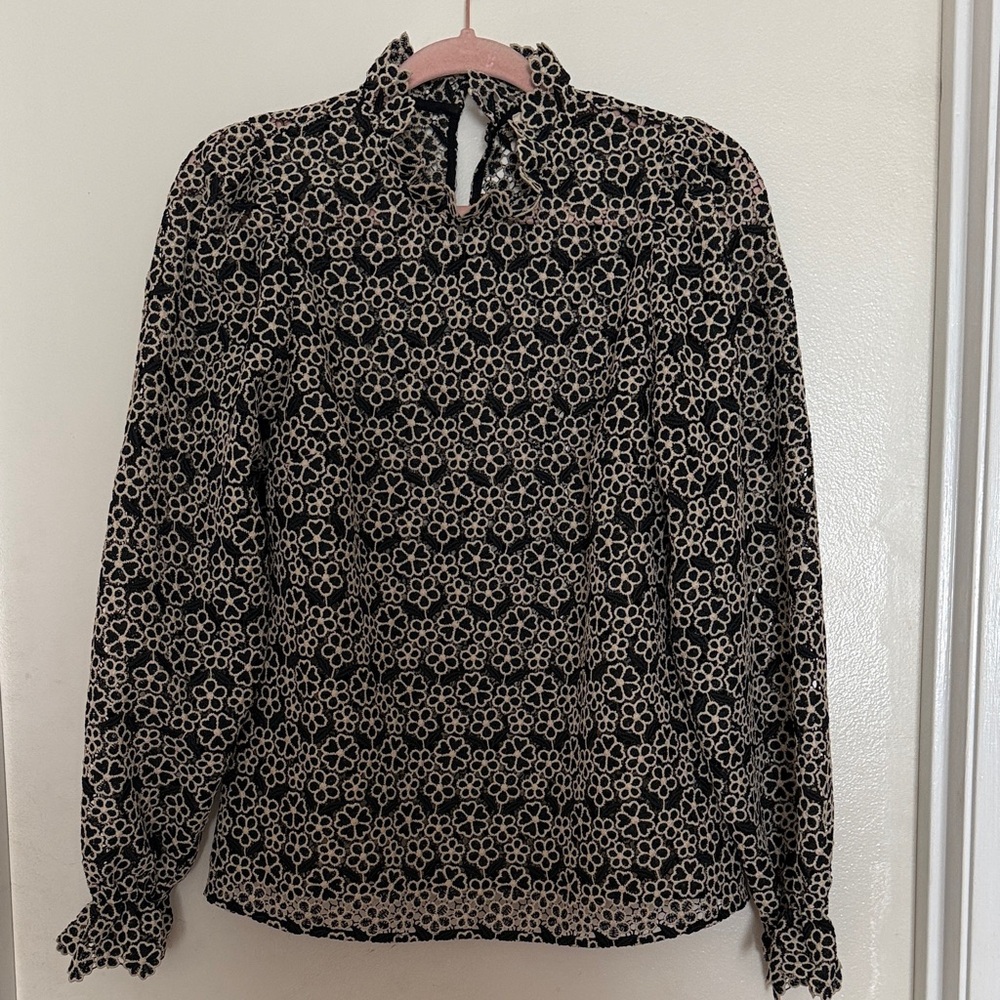 Sezane Black and Cream Floral Lace Blouse